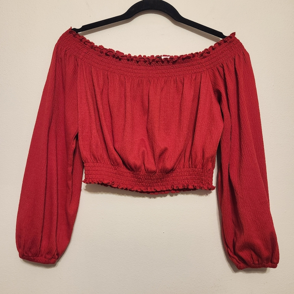 Red Off-The-Shoulder Long Sleeve Crop Top